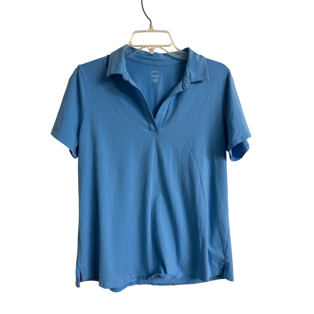 J. Jill Fit Women Blue Cotton Stretch Polo Shirt‎ V-Neck Short Sleeve Medium